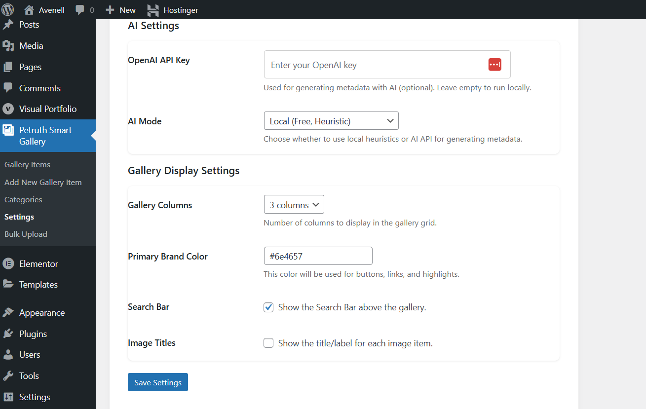 Setings page showing columns, color picker, filters and search bar control.
