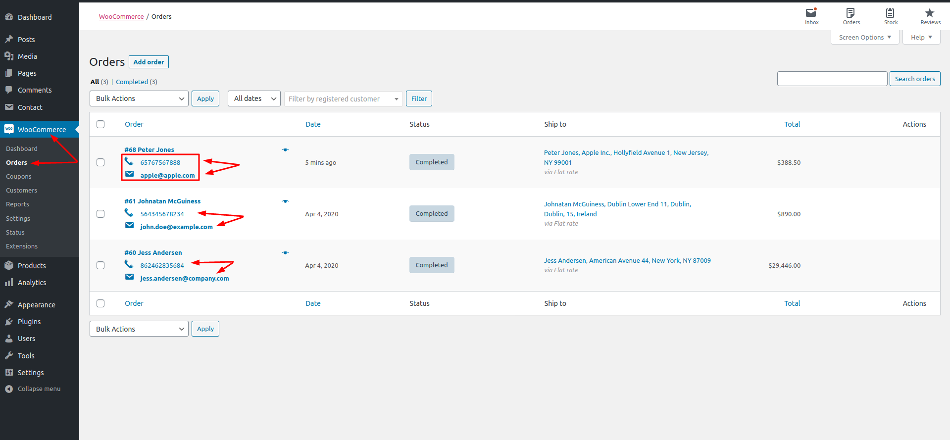 Order overview from Orders