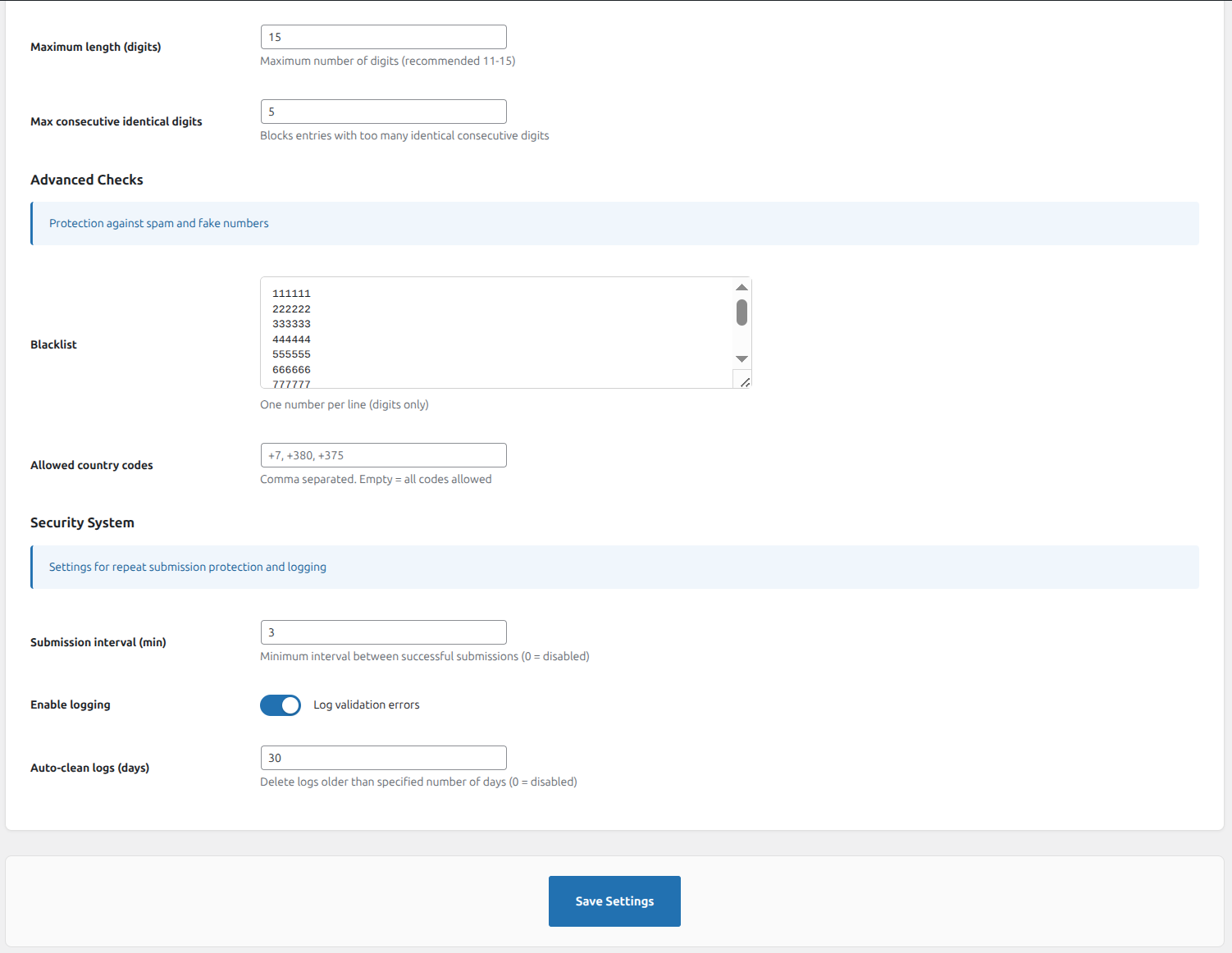 Advanced Settings - blacklist management and IP throttling options