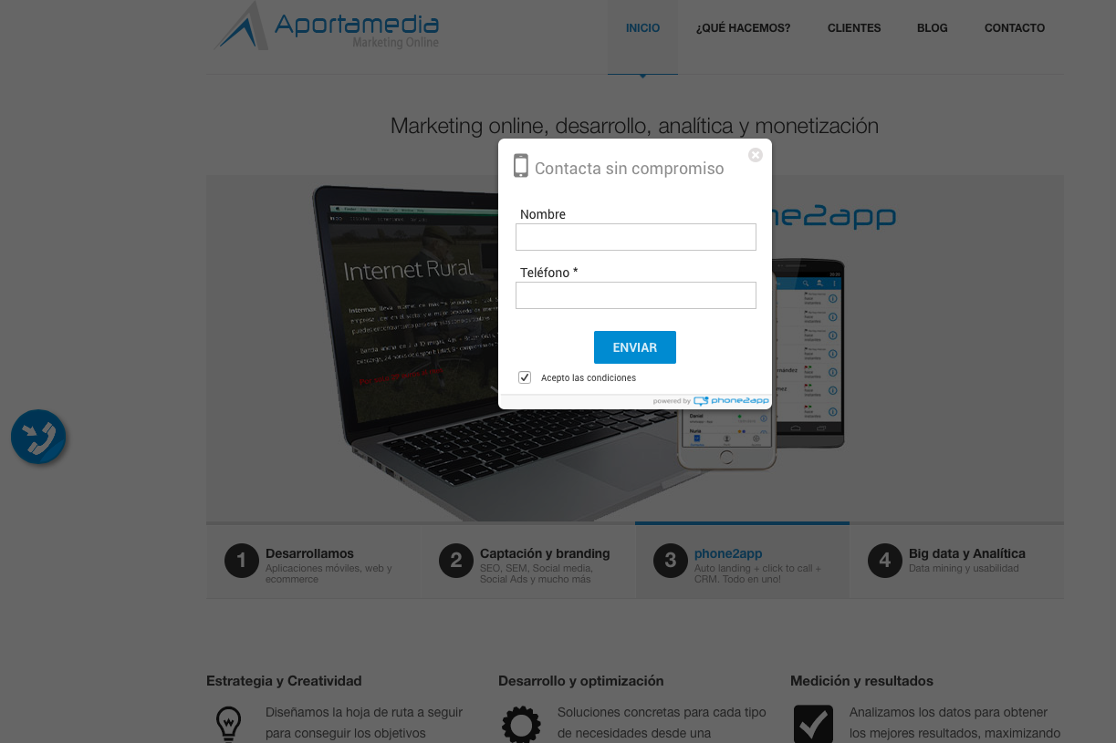 Aquí se observa como el usuario ve el formulario cuando está a punto de recibir la llamada de phone2app.