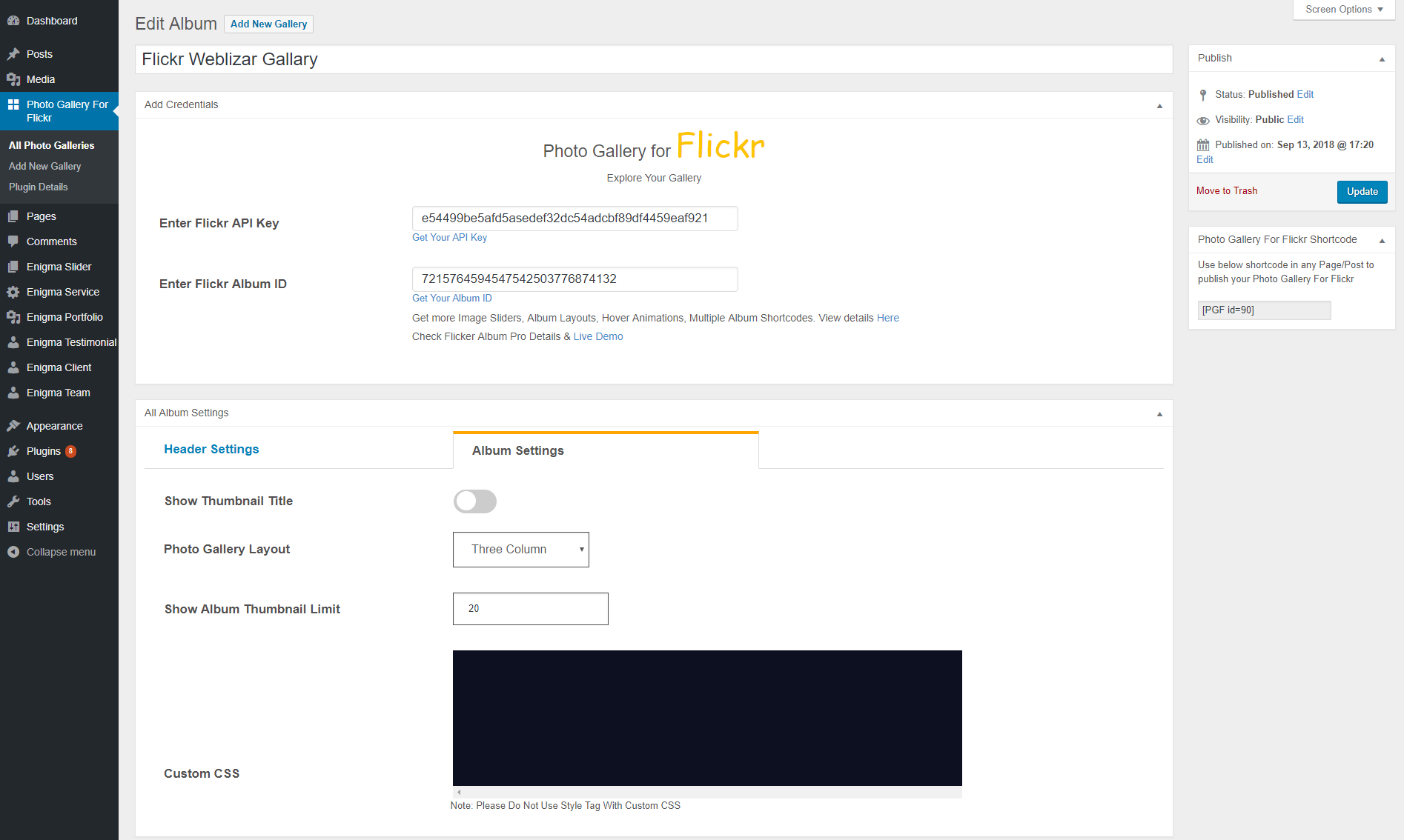 Add Flickr photo gallery with album setting