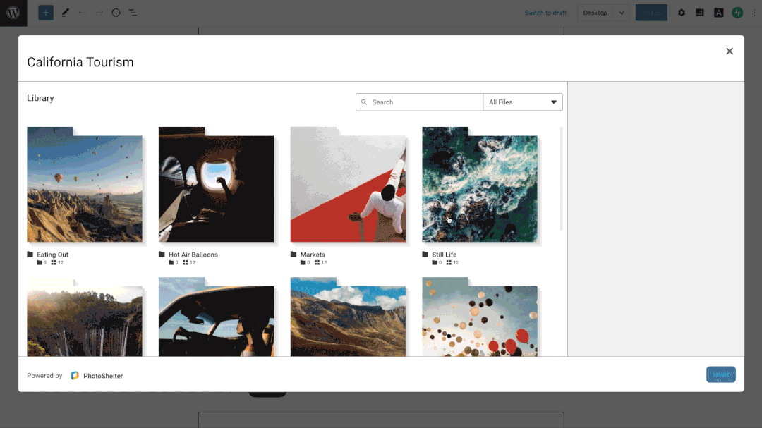 Navigate your PhotoShelter library from the PhotoShelter block modal and insert assets directly into your post.