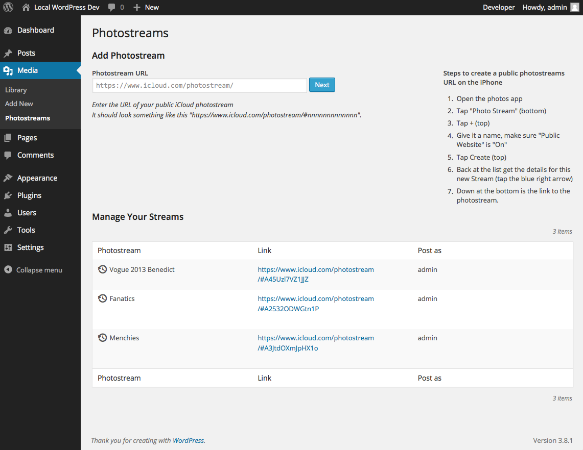Plugin Dashboard. Start by adding a photostream.