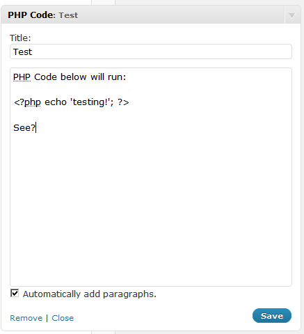 The widgets screen showing a PHP code widget in use.