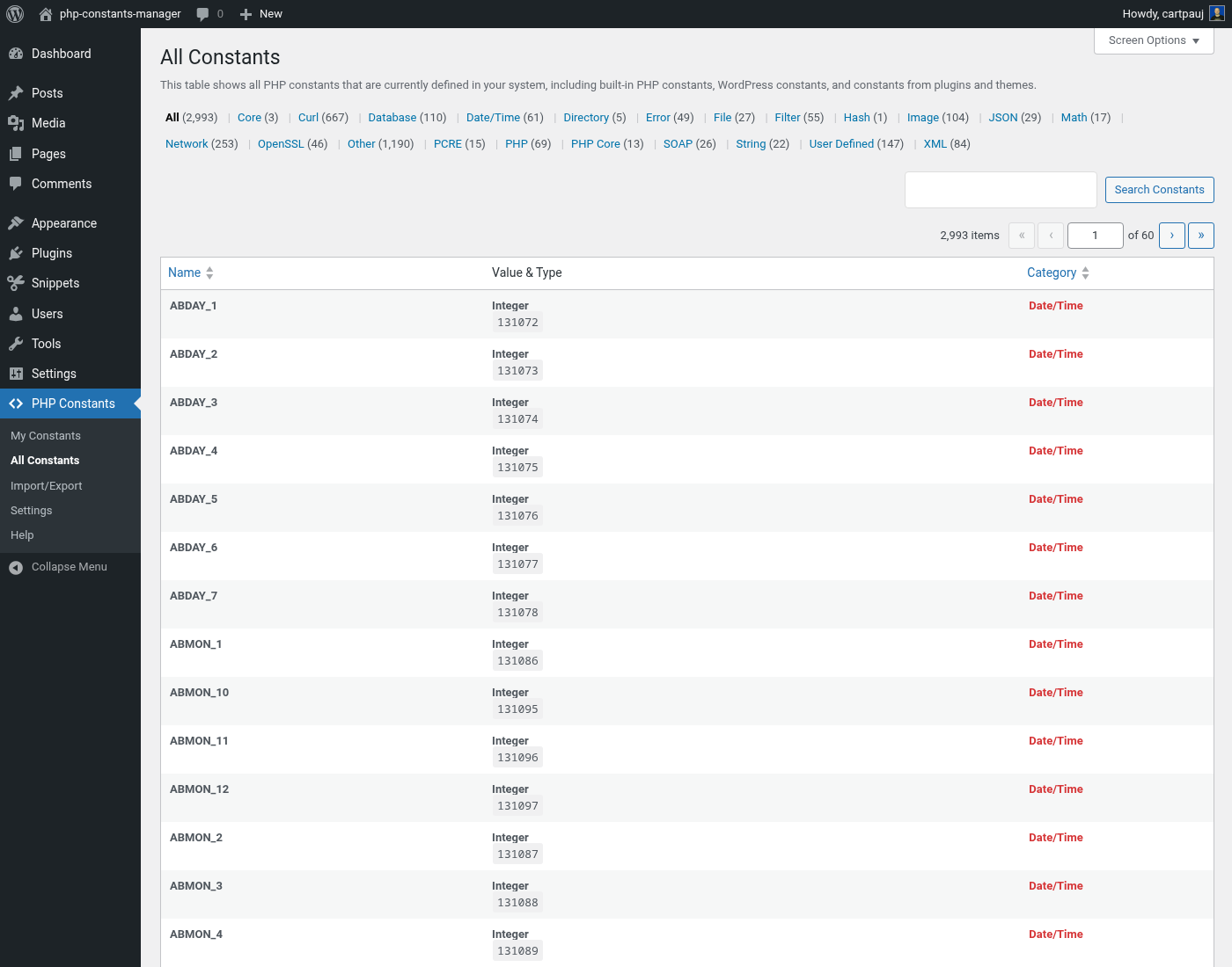 "All Constants" page displaying every constant in the WordPress installation