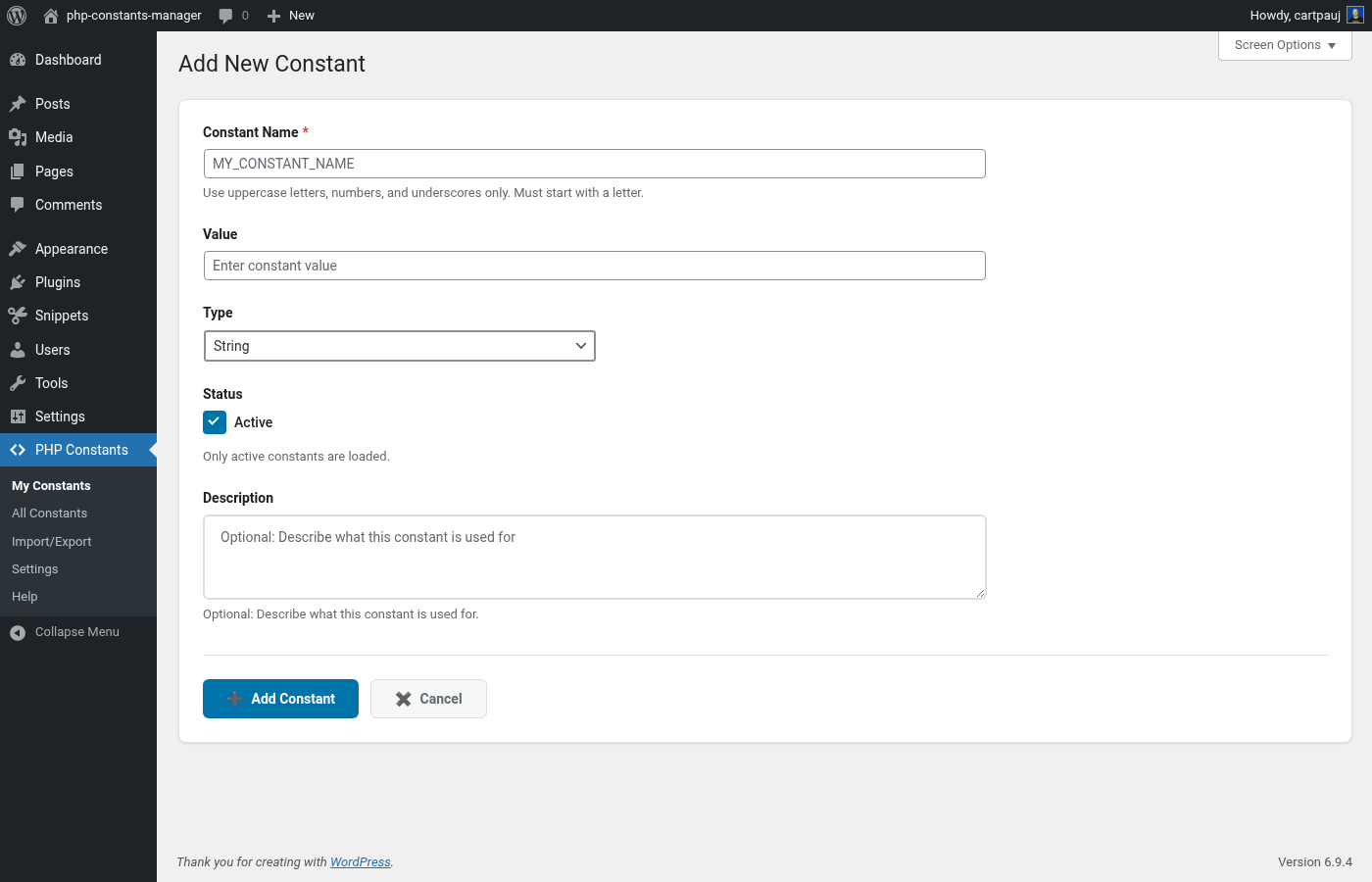 Add new constant form with data type selection and description field
