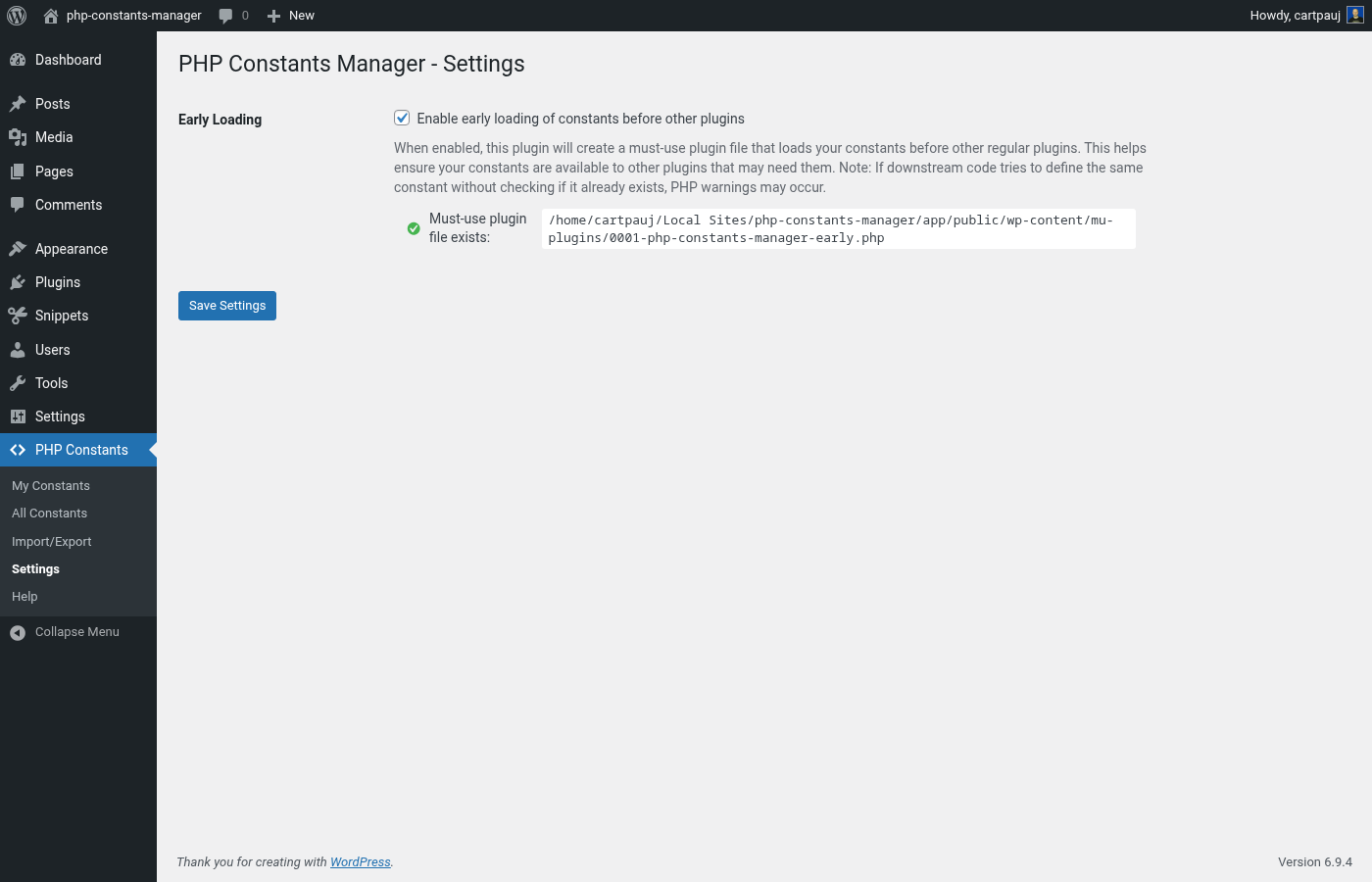 Settings page with Early Loading option for must-use plugin creation
