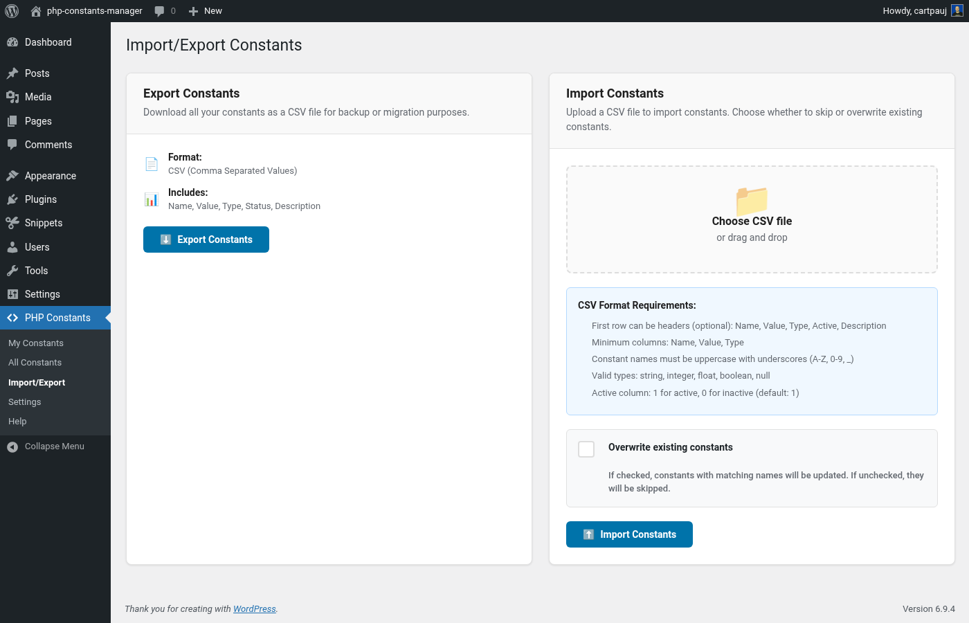 Import/Export page with CSV upload and download functionality