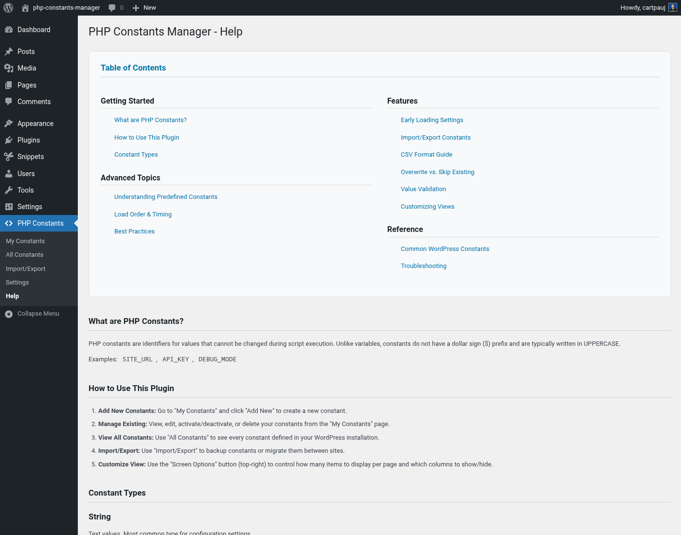Help page with comprehensive documentation and best practices