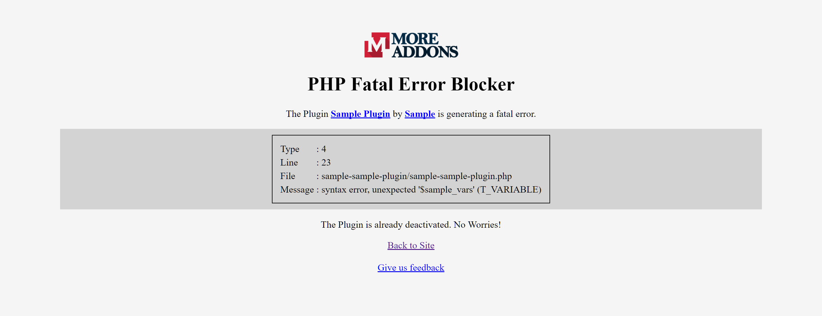 Sample Fatal Error Page.