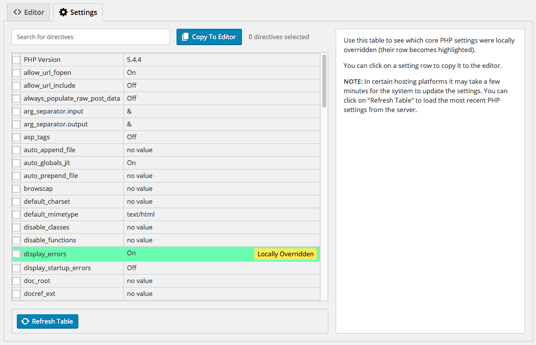 PHP Core Setting Table