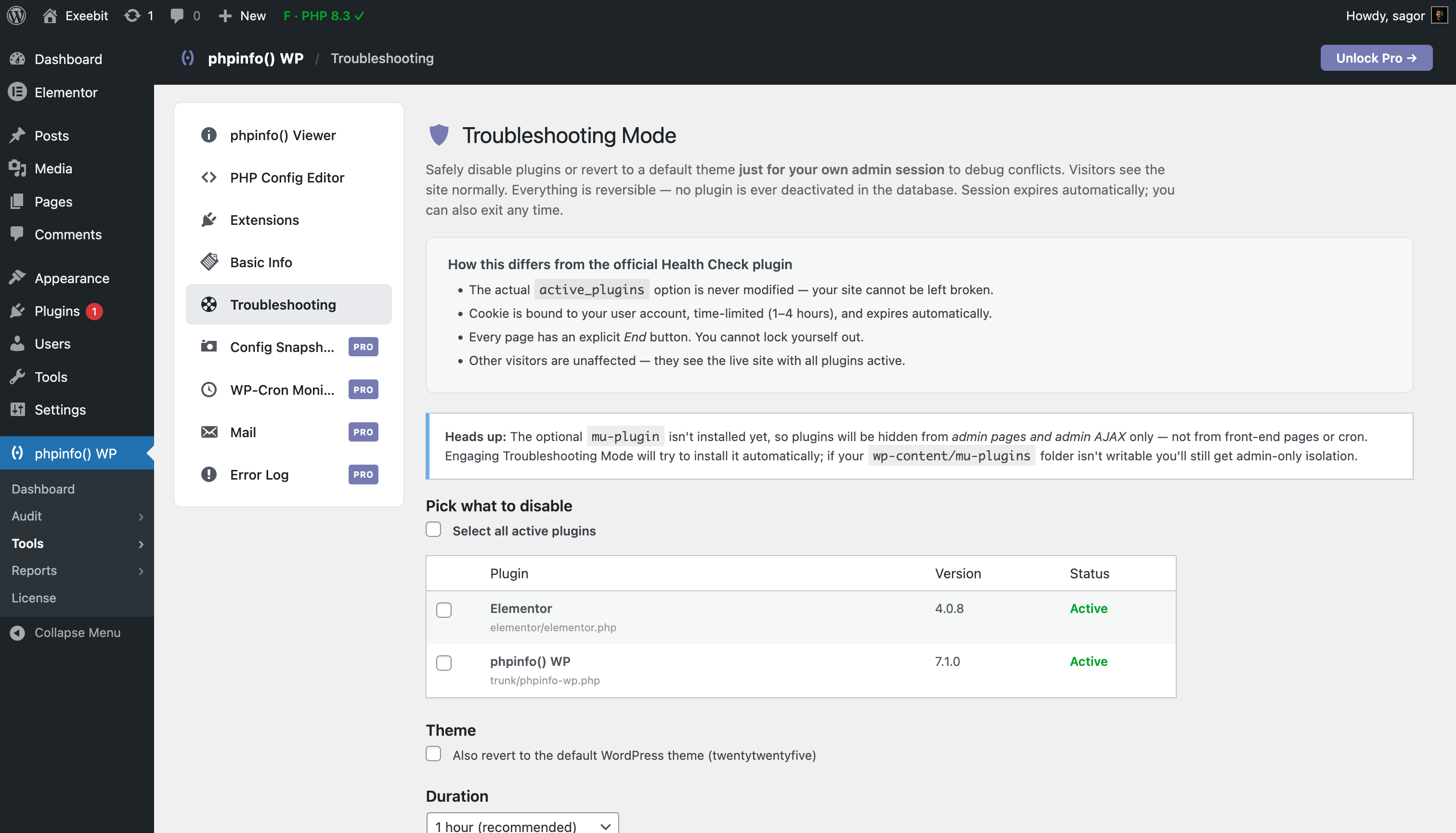 Troubleshooting Mode — per-user safe-mode that disables plugins only for your admin session, with a one-click "End and restore".
