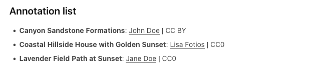 Example of annotations list