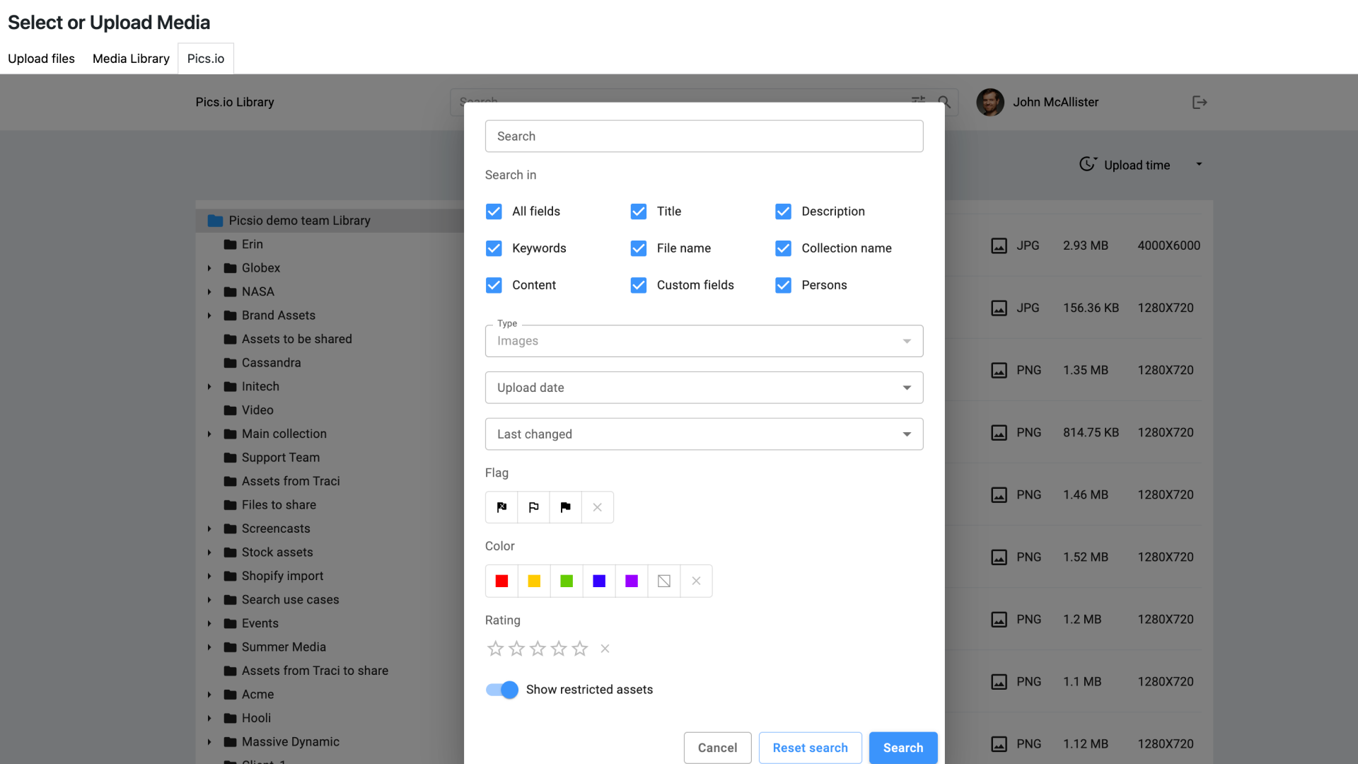 WordPress DAM integration also gives you access to the advanced search filters straight from your WP editor