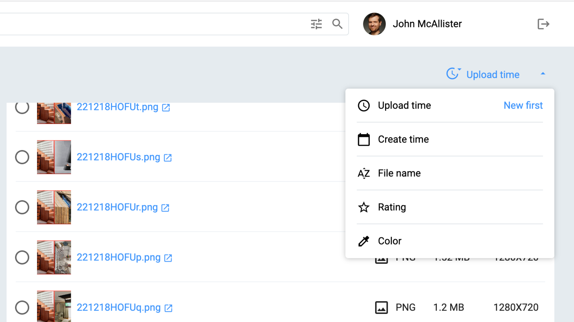 You can also order displayed assets by rating, upload time, file name, etc.