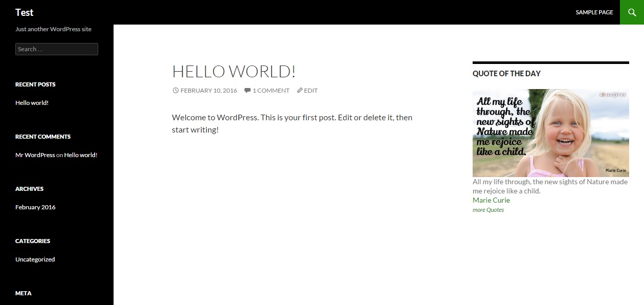 Screenshot of the wordpress page with a single Quote Of The Day widget.