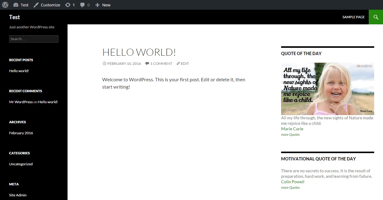 Screenshot of the wordpress page with multiple Quote Of The Day widgets.