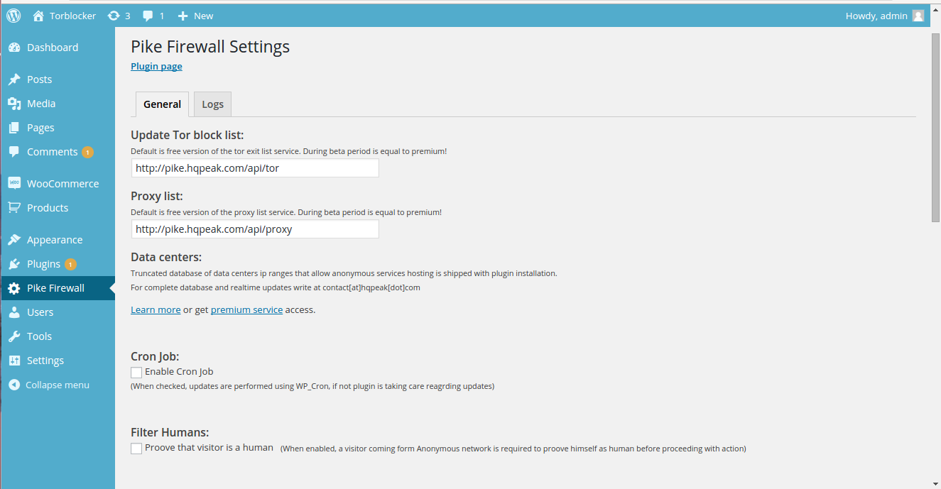 Pike Firewall settings panel at its default state