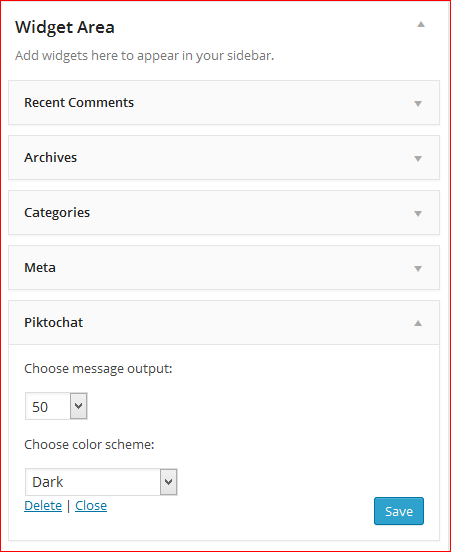 Screenshot of the widget admin panel