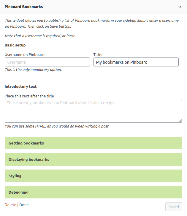 The dashboard panel to set up the widget (all panels closed).