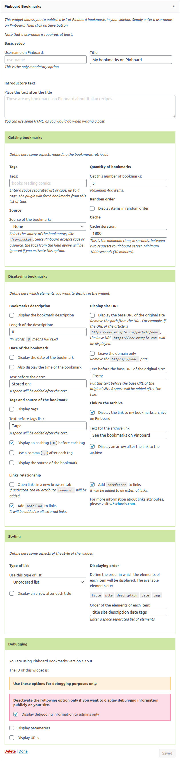 The dashboard panel to set up the widget (all panels opened).