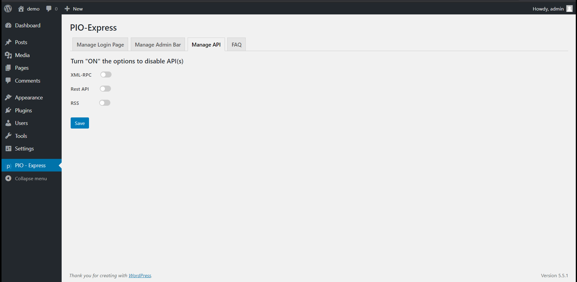"Manage API" Screen