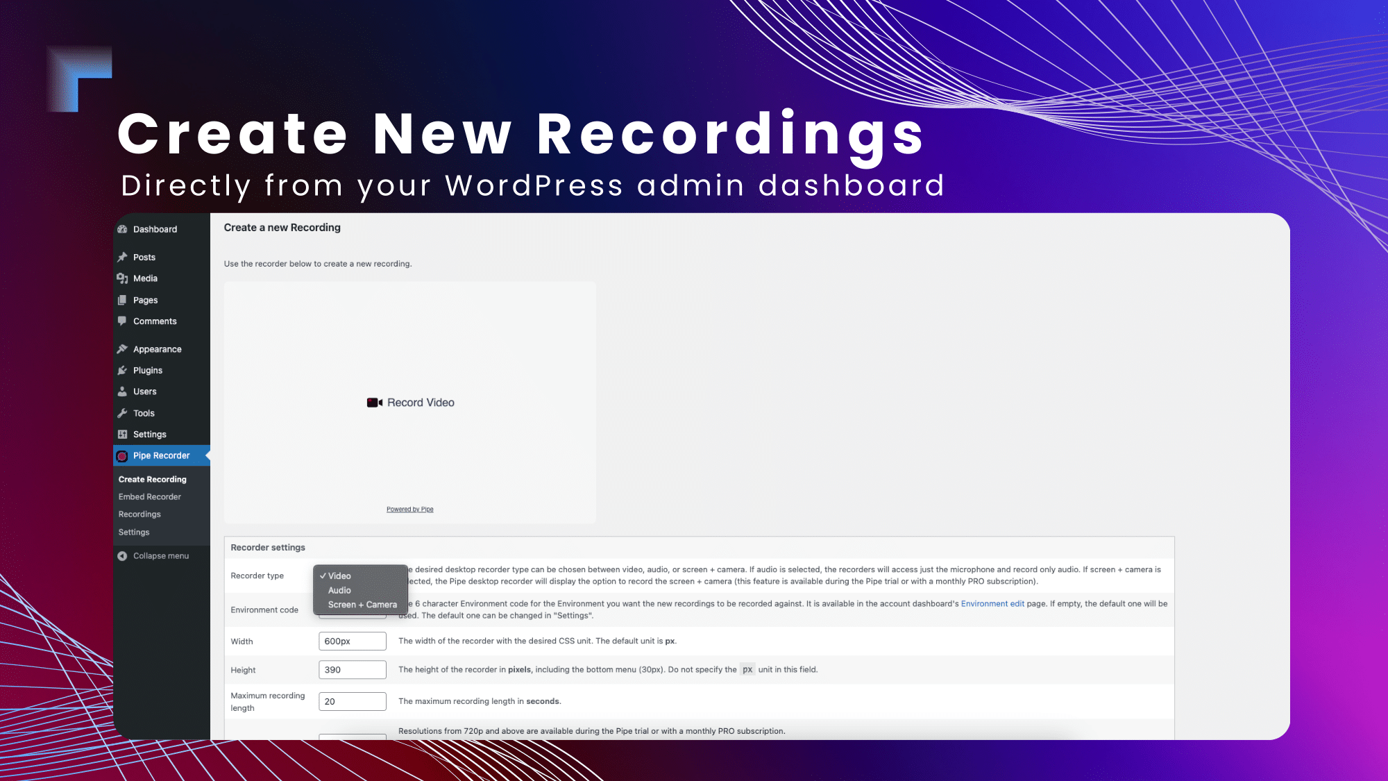 Create a recording from the WP backend