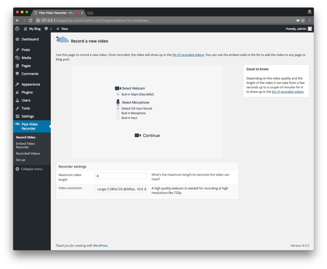 Record a new video from the WP backend