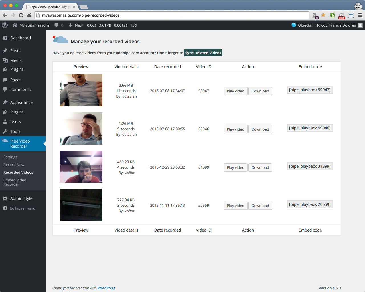 View all recorded videos and play, download or embed them