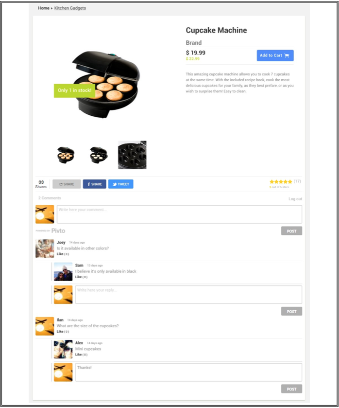 Page with the integration of Pivto’s social module. Social features such as commenting, rating and sharing are visible.