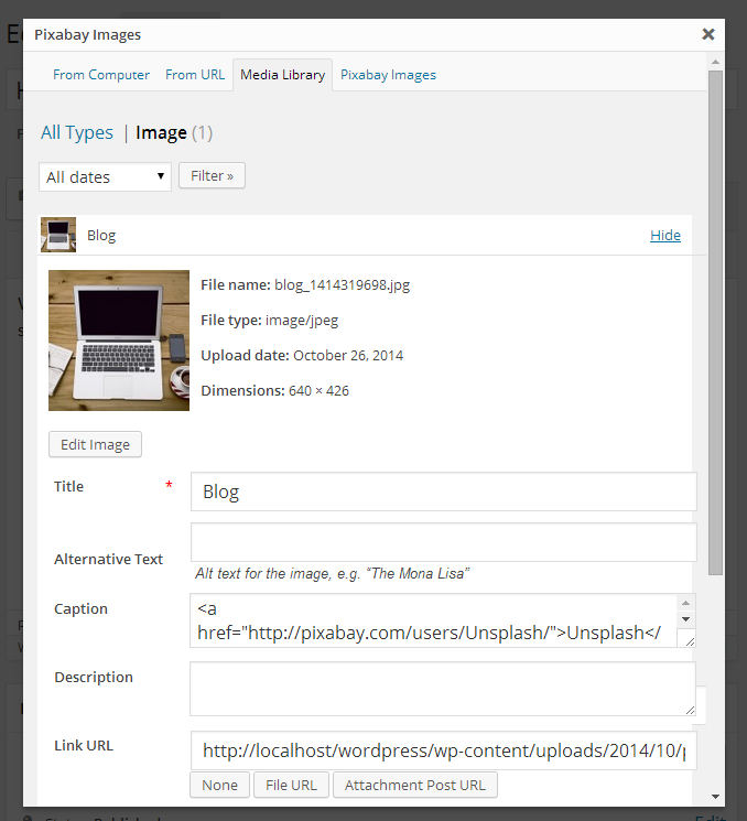 Standard media dialogue for uploaded image.