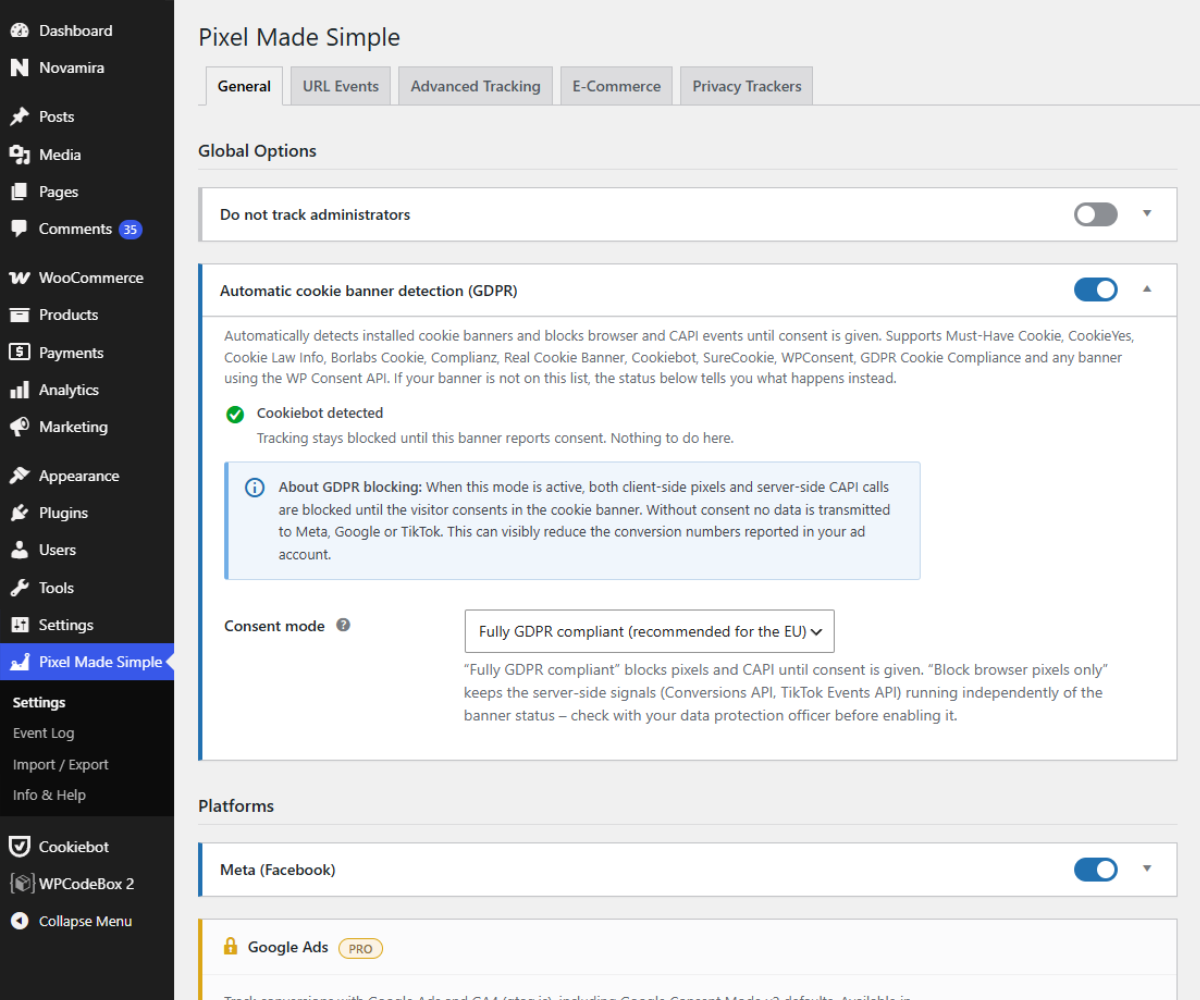 General tab – GDPR cookie banner detection with the detected banner and the consent mode.