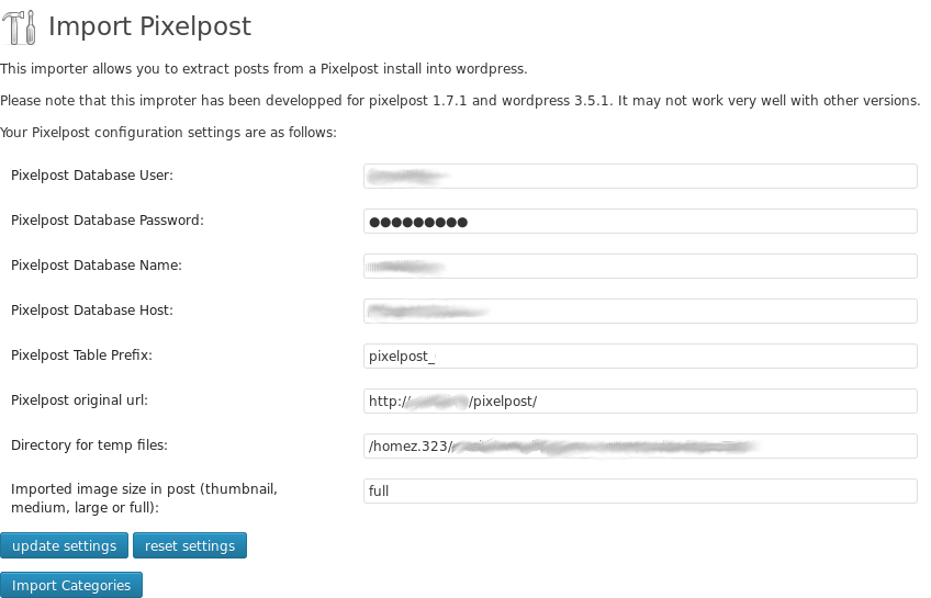 Admin - Set up the PixelPost database information