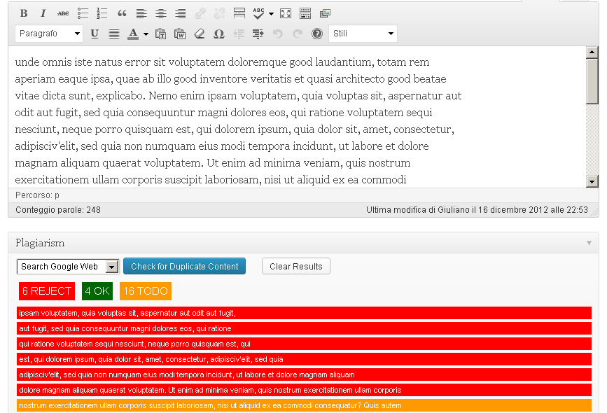 The plugin in action. After pressing "Check for Duplicate Content", a report of Rejects, Ok and Todo phrases is shown, with details for every duplicated text found.