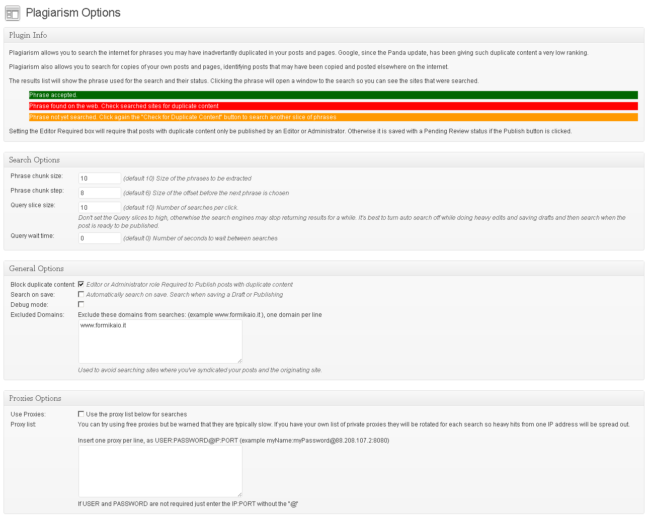 The options page, available clicking on `Settings->Plagiarism` in the admin menu.