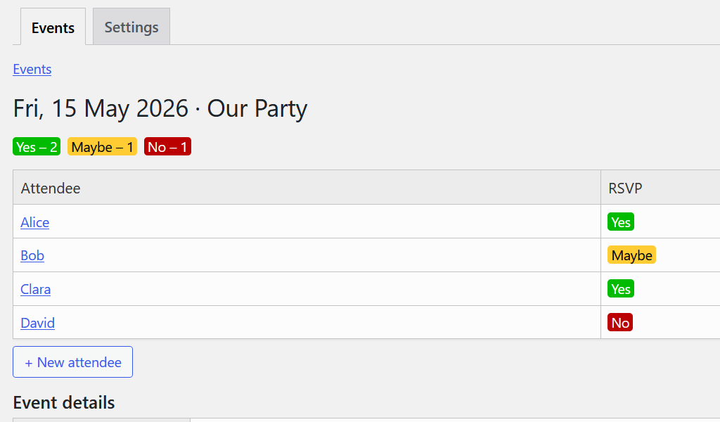 Event attendees list with RSVPs.