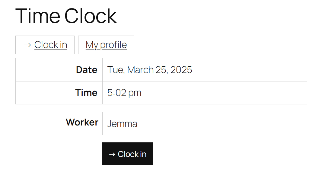 Front end clock in/out page.