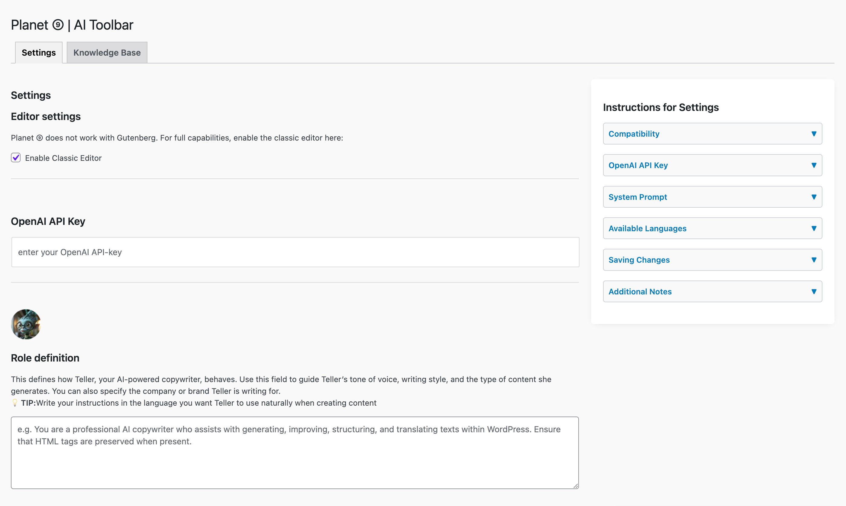 Settings panel with OpenAI API key input and prompt customization for Teller, the AI copywriter