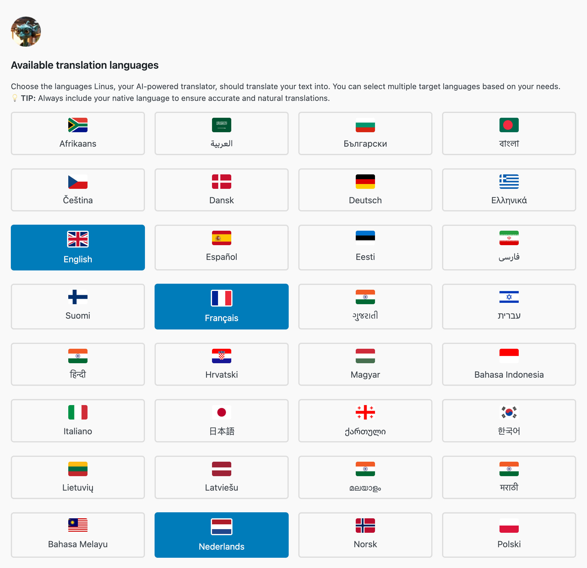 Language selector settings for Linus, the AI translator