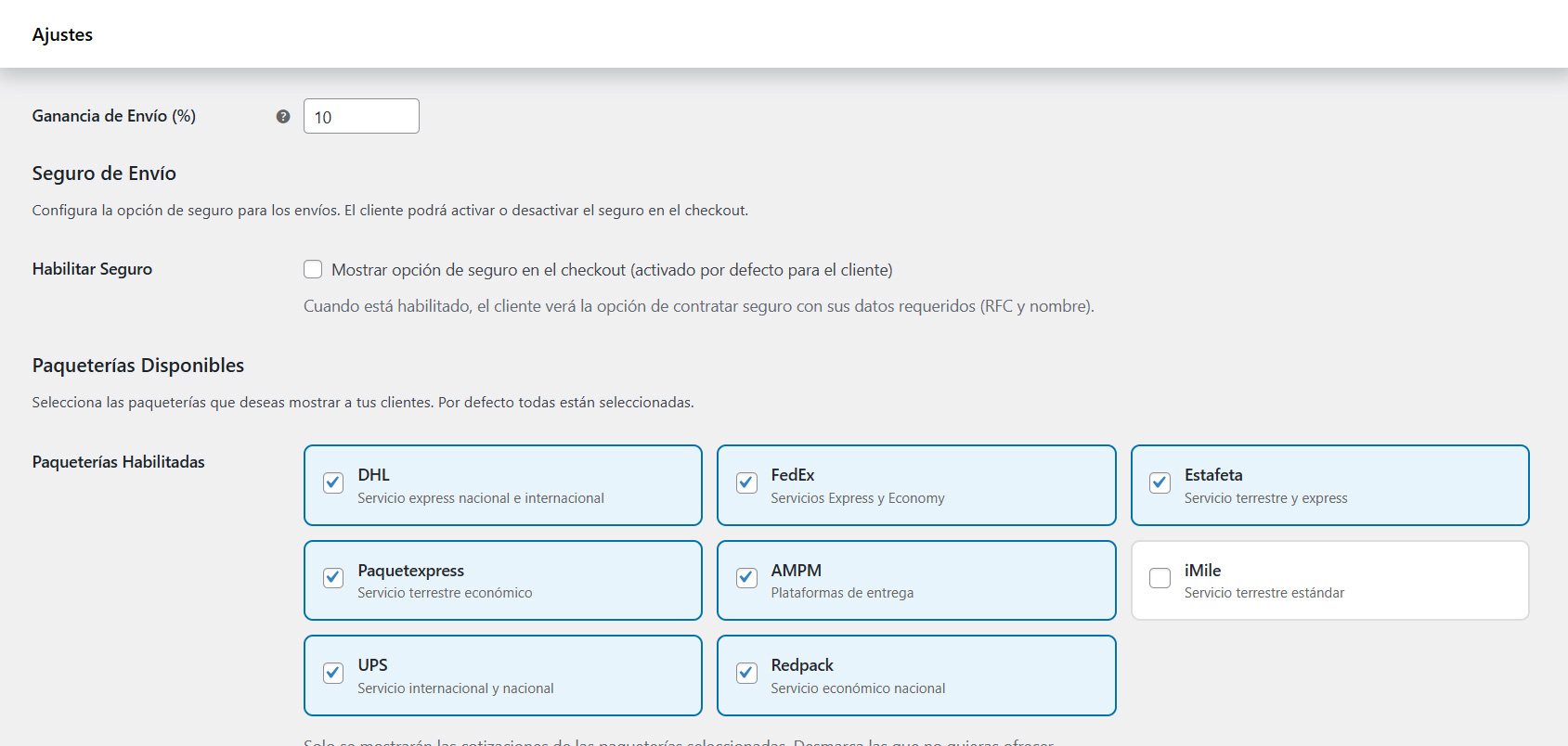 Configuración de paqueterías