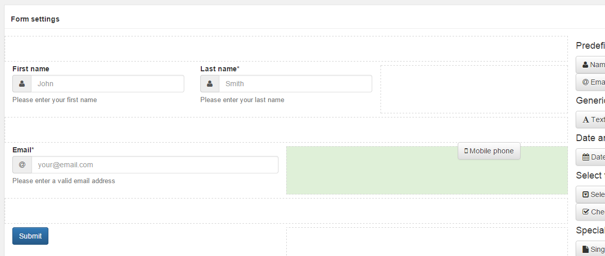 Easily create forms with multiple columns using drag-n-drop with PlanSo Forms builder.