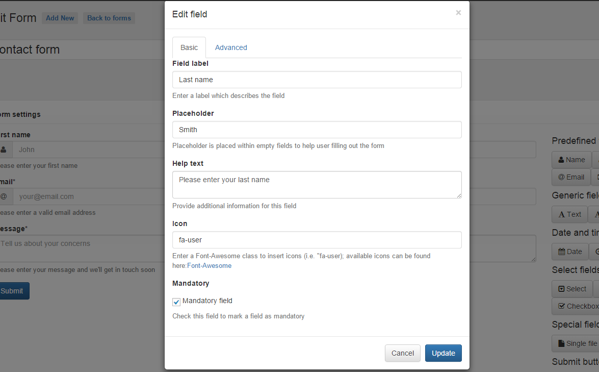 Edit form field details fast and intuitively within comfortable modal dialogs.