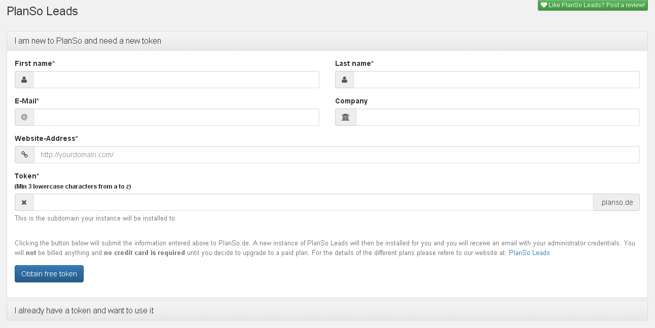 Easily optain a new token to get started with PlanSo Leads fast.