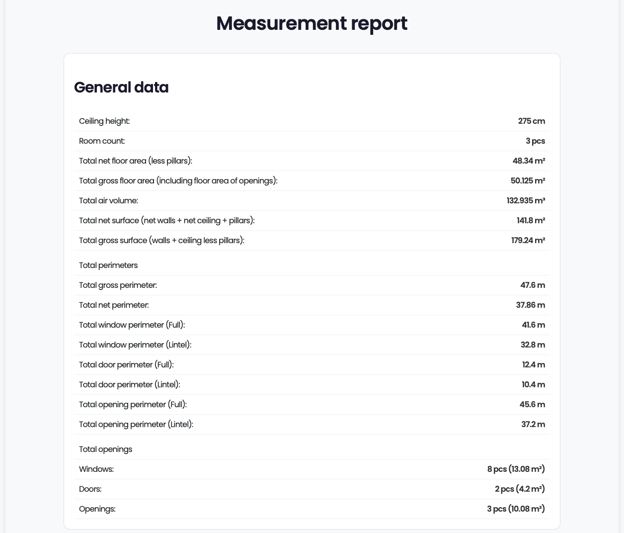 **Free Measurement Report (Rooms):** Shows the basic per-room data, including Gross Wall & Floor Area.