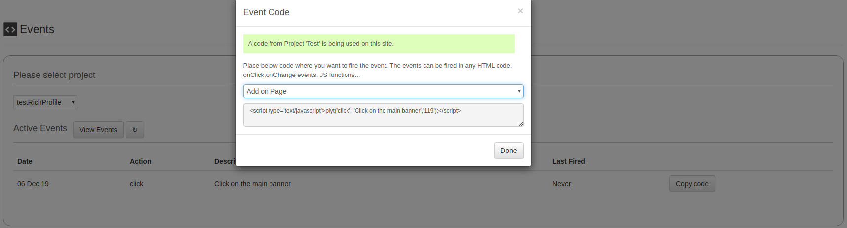 The page where you can see and copy Platformly events.