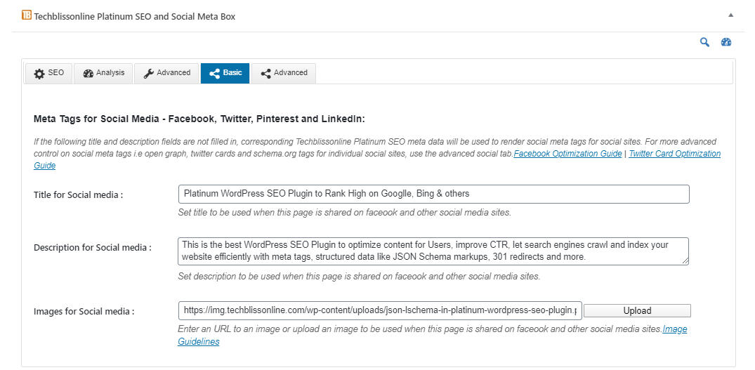 Social Settings for Facebook, Twitter, Pinterest and LinkedIn. Generates Open Grah Tags and Twitter compatible Tags.