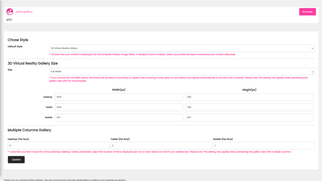 **Plato Gallery Settings** - Choose your default view and size. Specify the number of items per row.