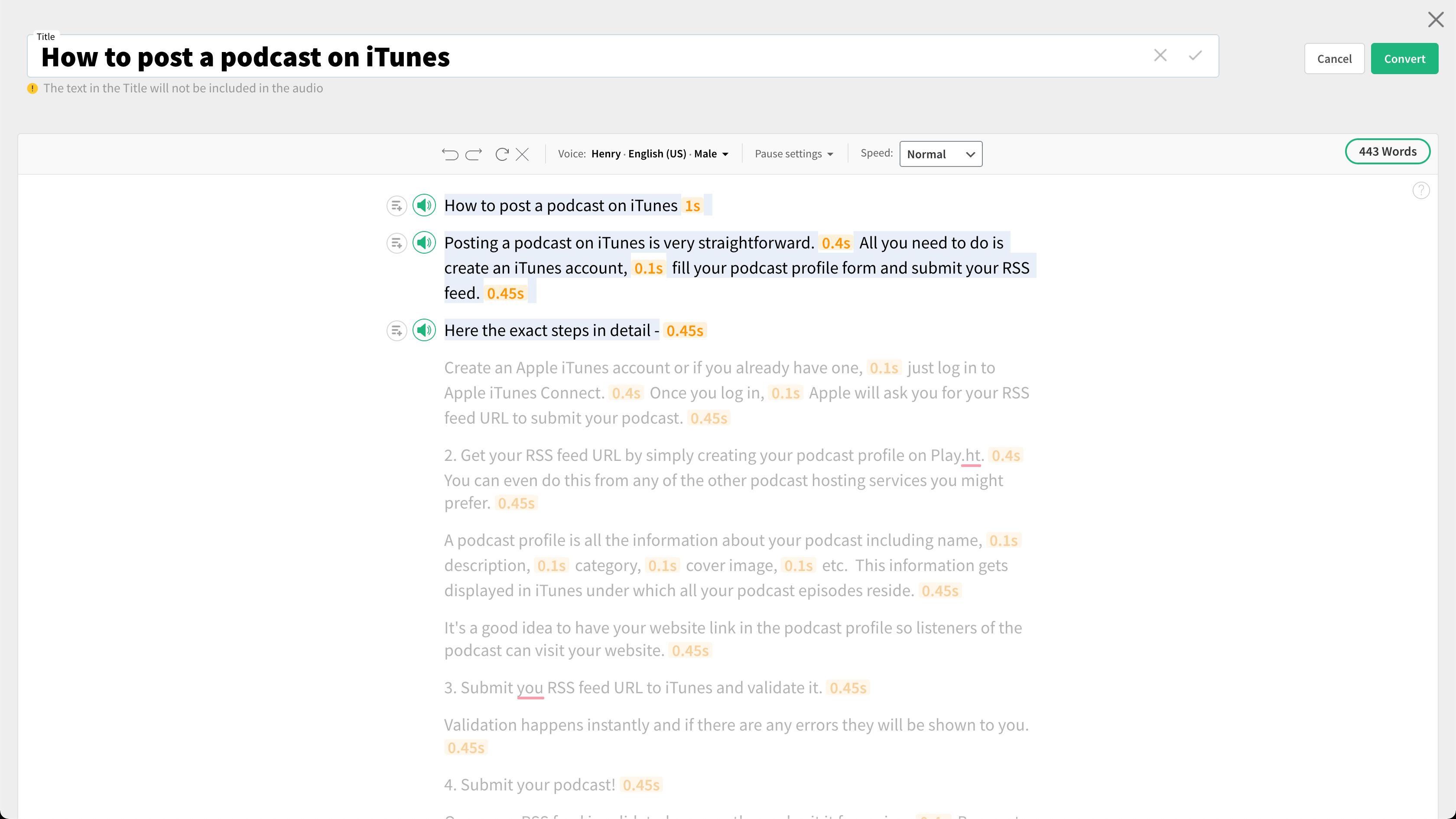 Use an advanced Text to Voice editor to edit audio