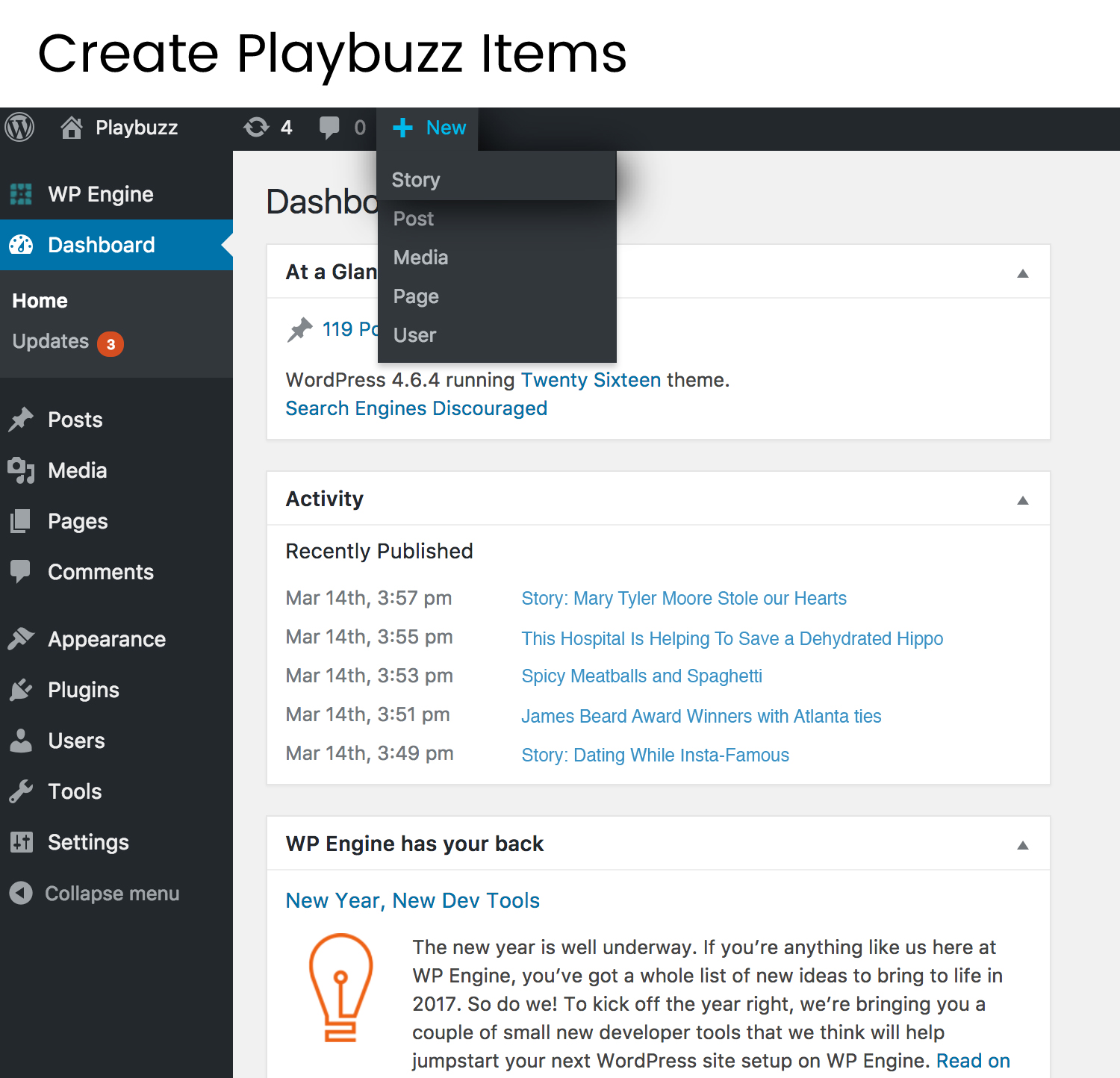 Start creating by clicking the new post shortcut in your WordPress editor and choosing “Playbuzz.”