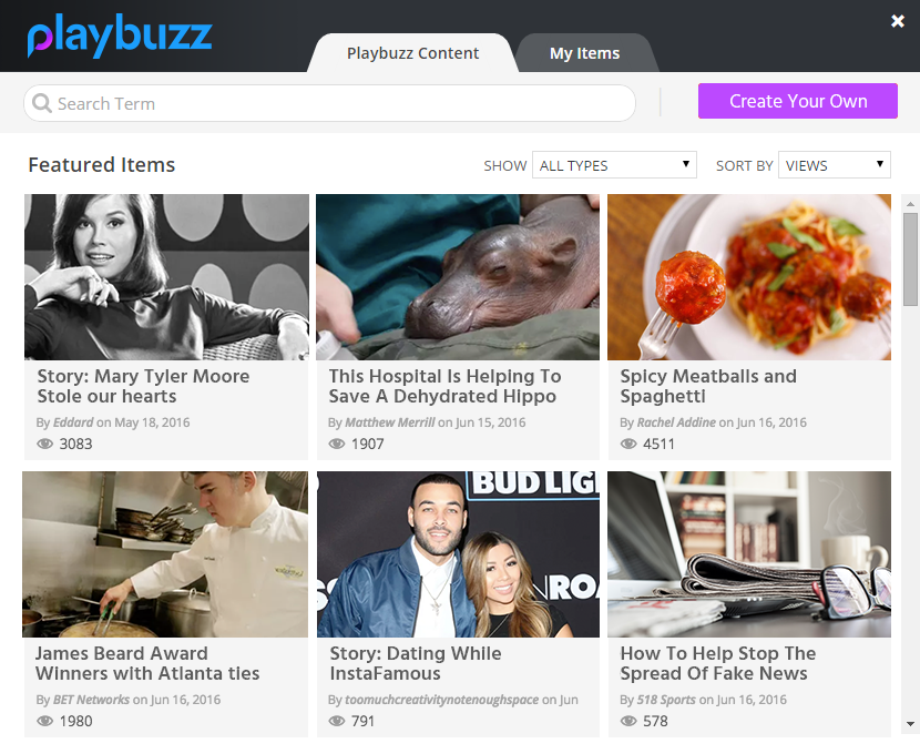 Select one of Playbuzz’s featured items or search for an item relevant to your audience.